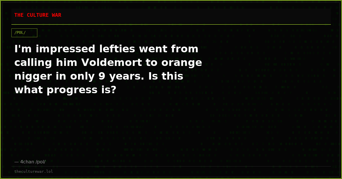 I'm impressed lefties went from calling him Voldemort to orange nigger in only 9 years. Is this what progress is?