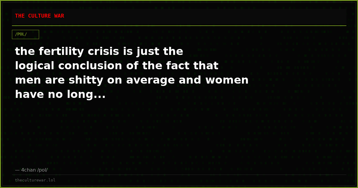 the fertility crisis is just the logical conclusion of the fact that men are shitty on average and women have no long...