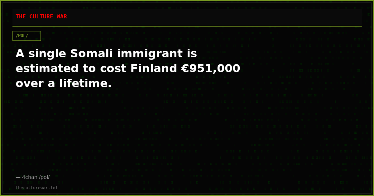 A single Somali immigrant is estimated to cost Finland €951,000 over a lifetime.