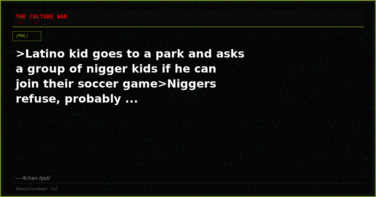 >Latino kid goes to a park and asks a group of nigger kids if he can join their soccer game>Niggers refuse, probably ...