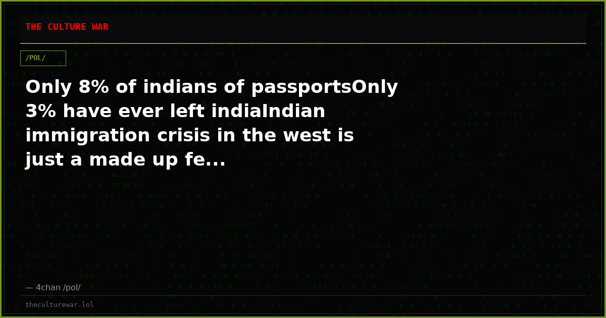 Only 8% of indians of passportsOnly 3% have ever left indiaIndian immigration crisis in the west is just a made up fe...