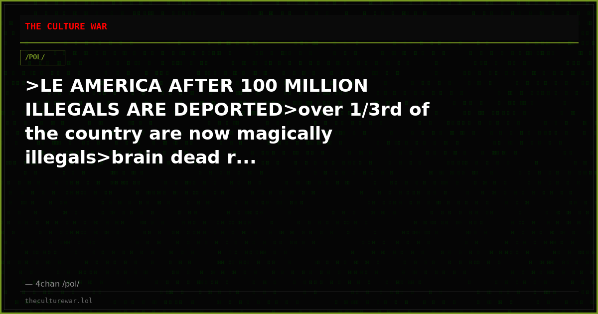 >LE AMERICA AFTER 100 MILLION ILLEGALS ARE DEPORTED>over 1/3rd of the country are now magically illegals>brain dead r...