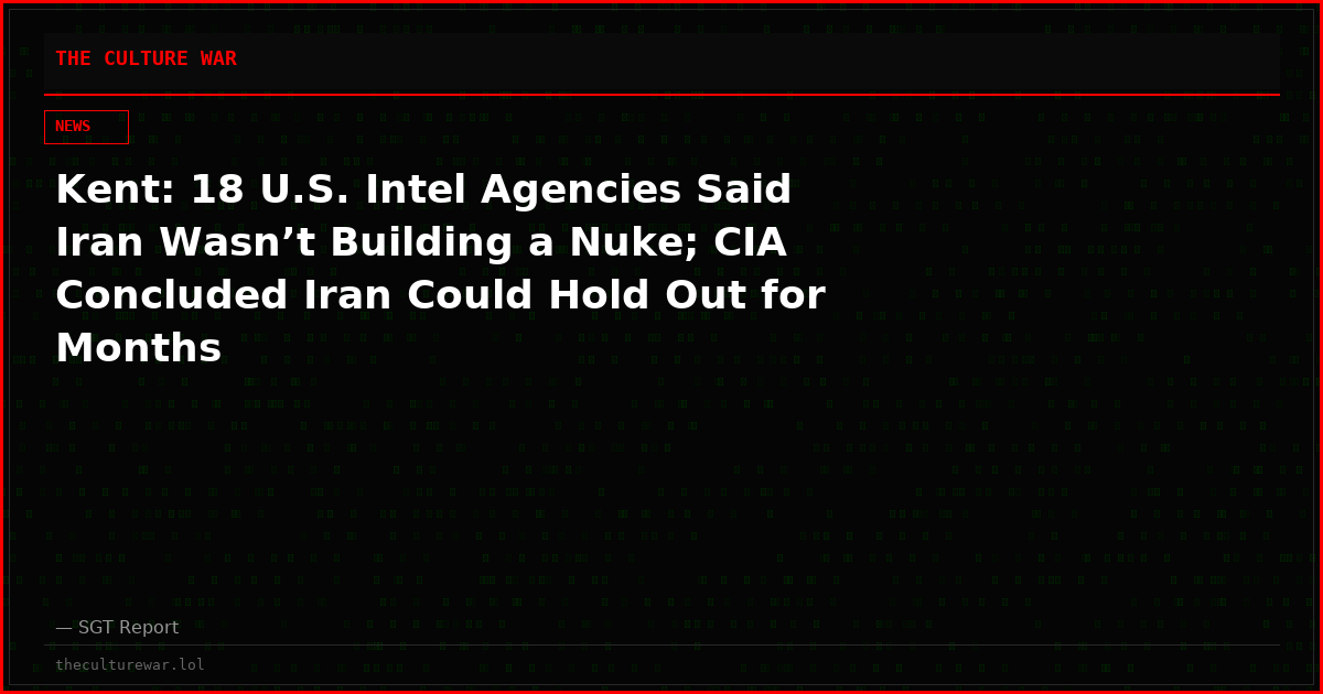 Kent: 18 U.S. Intel Agencies Said Iran Wasn’t Building a Nuke; CIA Concluded Iran Could Hold Out for Months