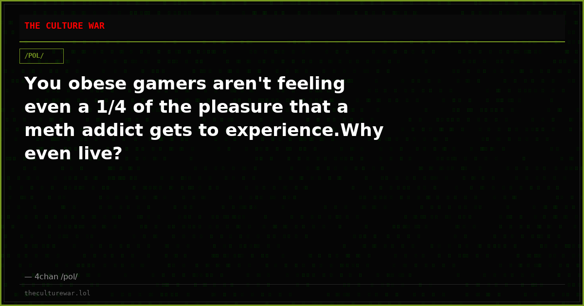 You obese gamers aren't feeling even a 1/4 of the pleasure that a meth addict gets to experience.Why even live?