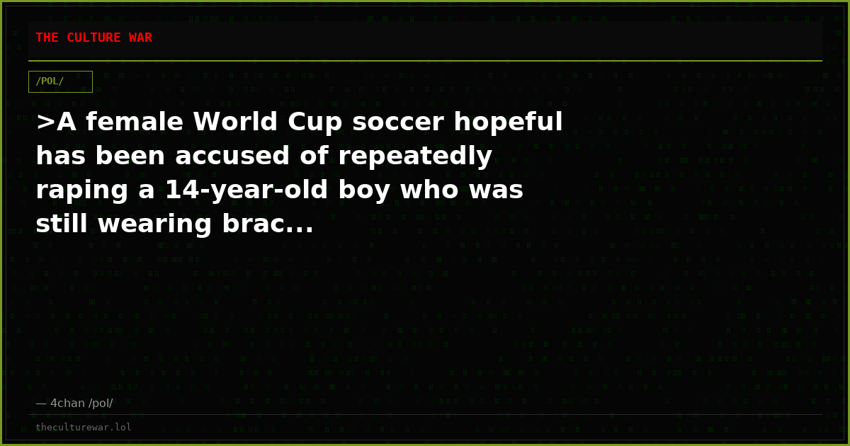 >A female World Cup soccer hopeful has been accused of repeatedly raping a 14-year-old boy who was still wearing brac...