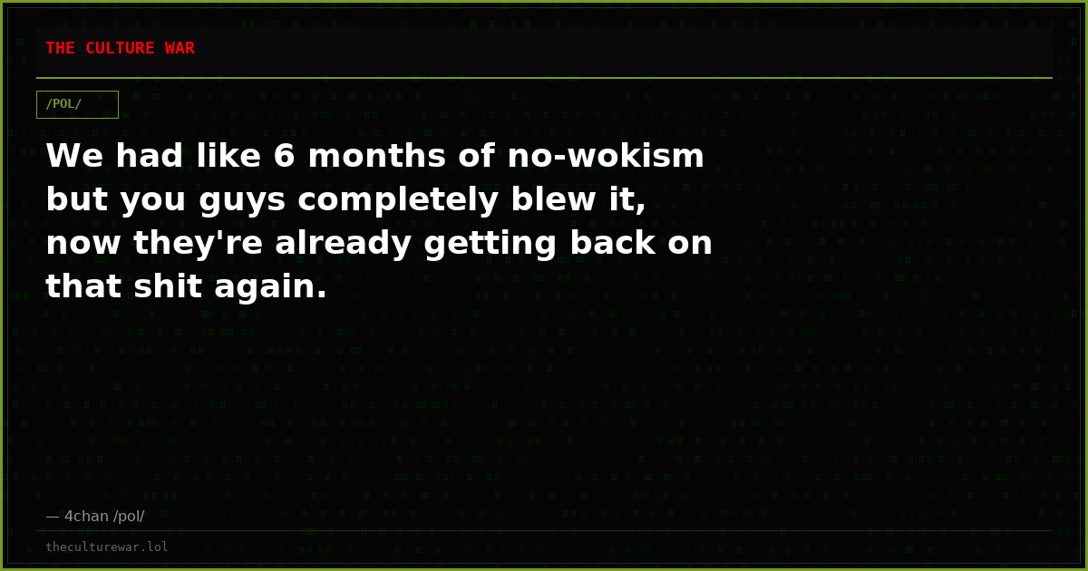 We had like 6 months of no-wokism but you guys completely blew it, now they're already getting back on that shit again.