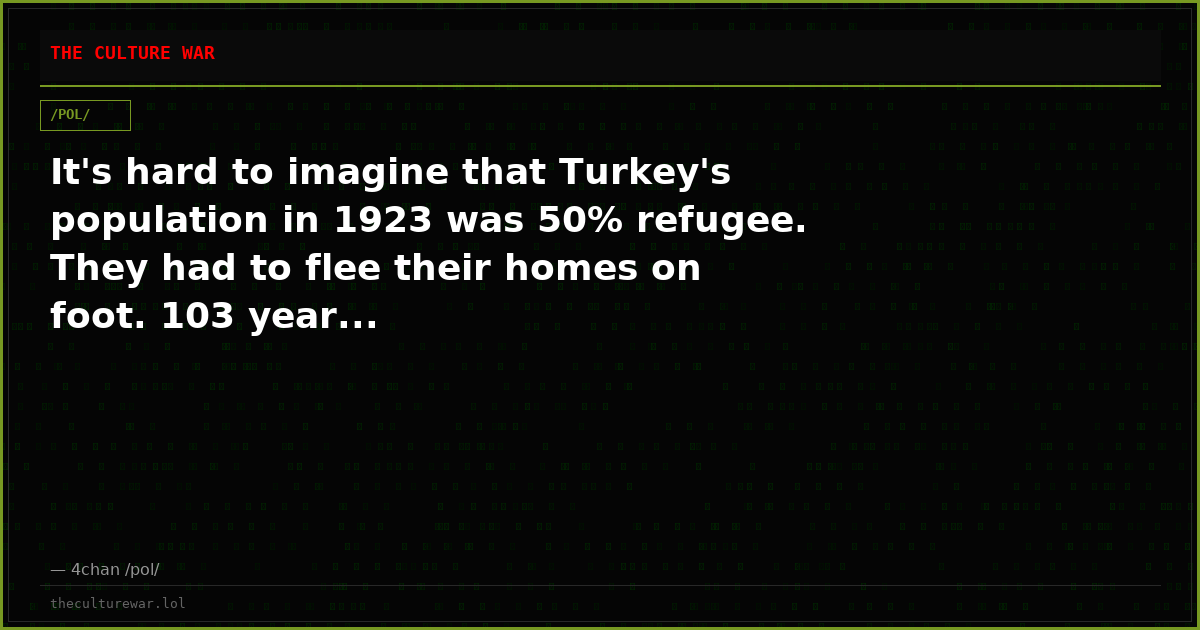 It's hard to imagine that Turkey's population in 1923 was 50% refugee. They had to flee their homes on foot. 103 year...