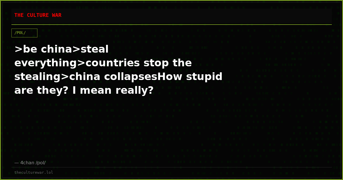 >be china>steal everything>countries stop the stealing>china collapsesHow stupid are they? I mean really?