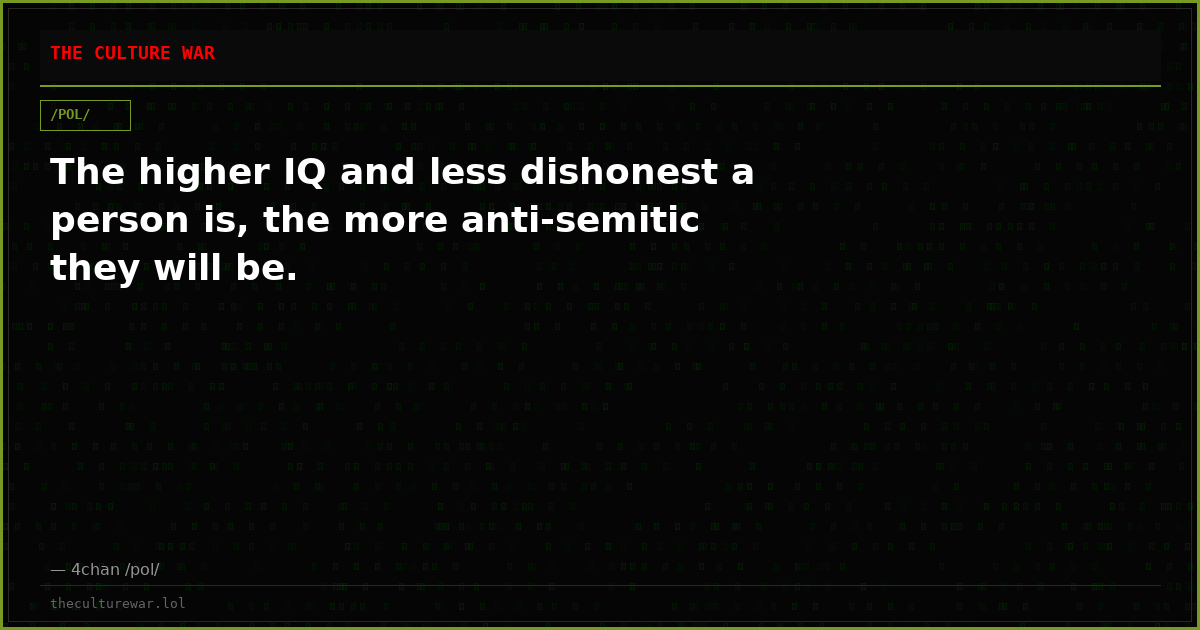 The higher IQ and less dishonest a person is, the more anti-semitic they will be.