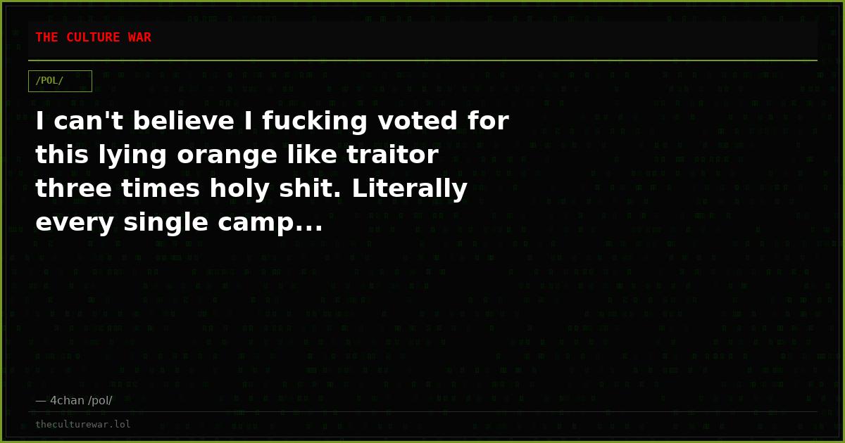 I can't believe I fucking voted for this lying orange like traitor three times holy shit. Literally every single camp...