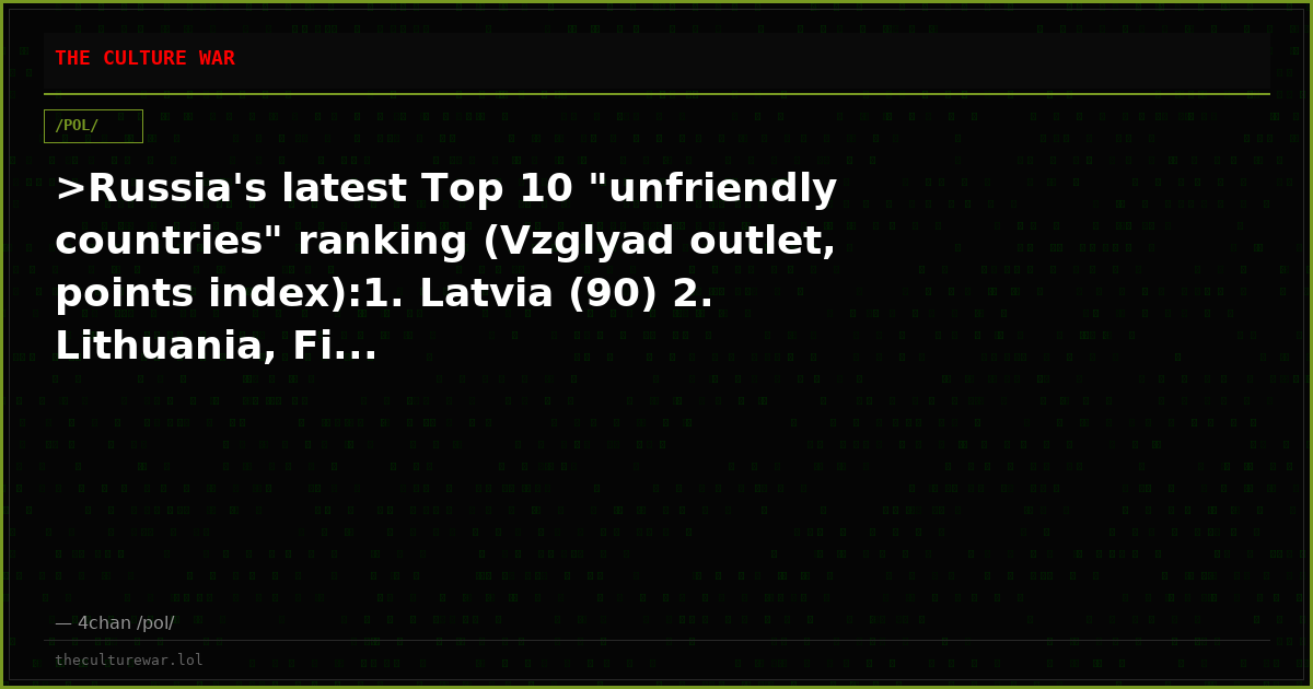 >Russia's latest Top 10 "unfriendly countries" ranking (Vzglyad outlet, points index):1. Latvia (90) 2. Lithuania, Fi...
