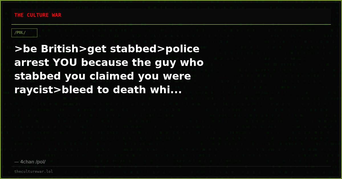 >be British>get stabbed>police arrest YOU because the guy who stabbed you claimed you were raycist>bleed to death whi...