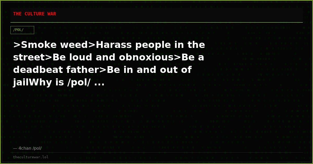 >Smoke weed>Harass people in the street>Be loud and obnoxious>Be a deadbeat father>Be in and out of jailWhy is /pol/ ...