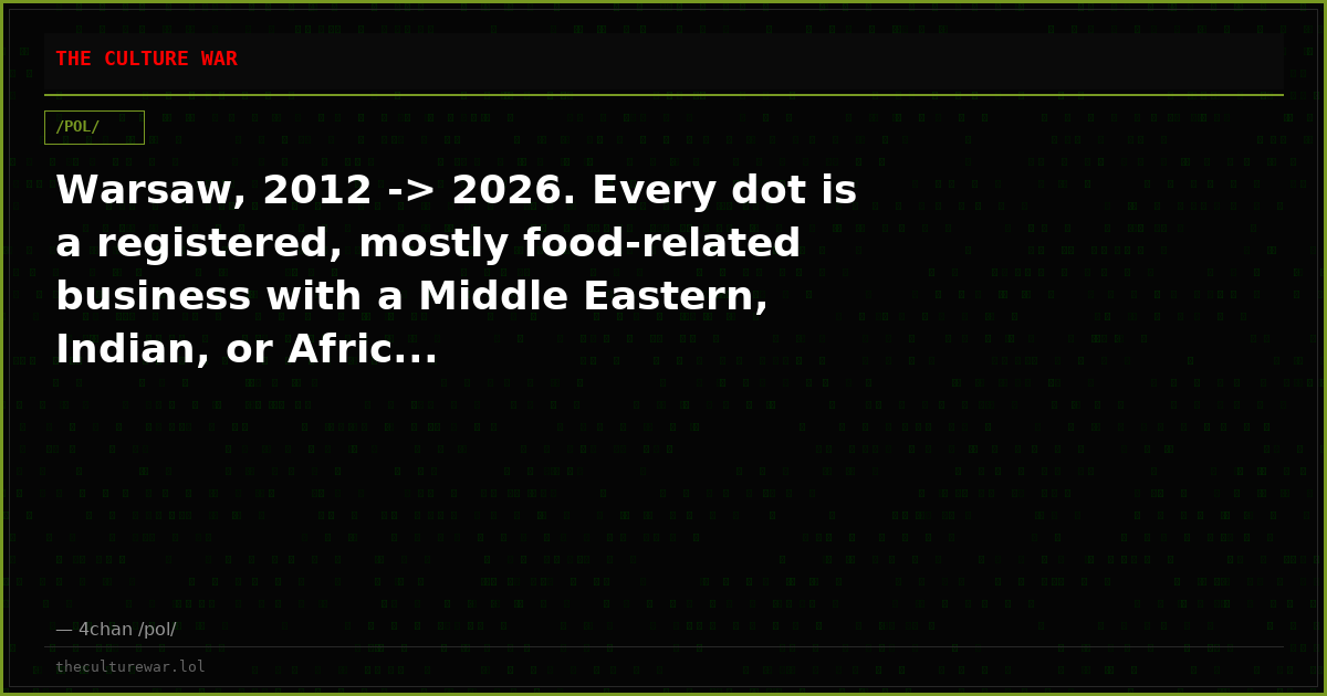 Warsaw, 2012 -> 2026. Every dot is a registered, mostly food-related business with a Middle Eastern, Indian, or Afric...