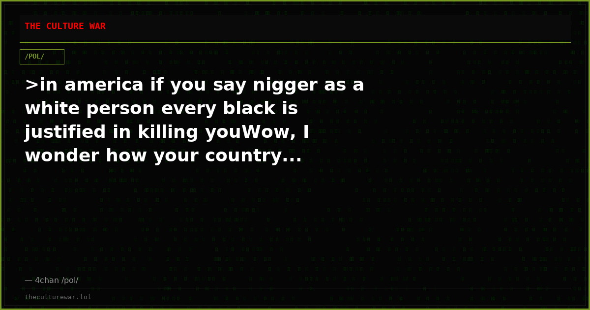 >in america if you say nigger as a white person every black is justified in killing youWow, I wonder how your country...