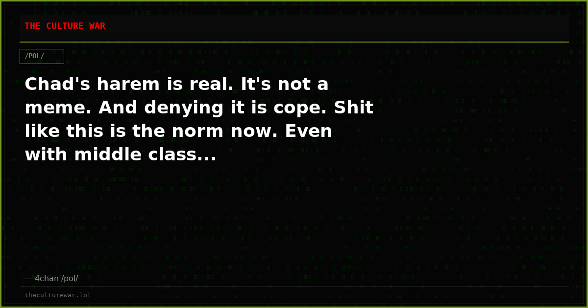 Chad's harem is real. It's not a meme. And denying it is cope. Shit like this is the norm now. Even with middle class...