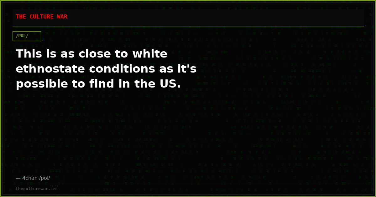 This is as close to white ethnostate conditions as it's possible to find in the US.