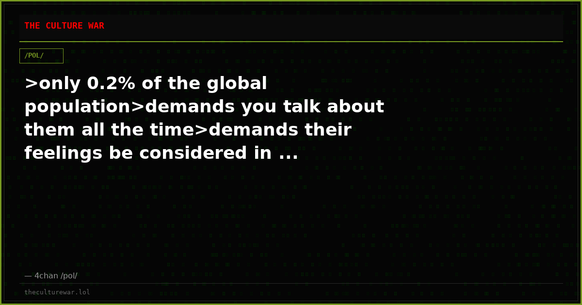 >only 0.2% of the global population>demands you talk about them all the time>demands their feelings be considered in ...