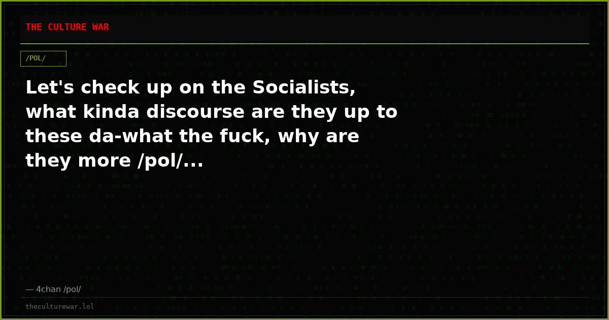 Let's check up on the Socialists, what kinda discourse are they up to these da-what the fuck, why are they more /pol/...