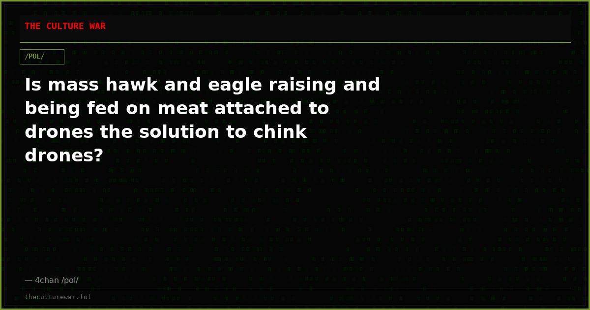 Is mass hawk and eagle raising and being fed on meat attached to drones the solution to chink drones?