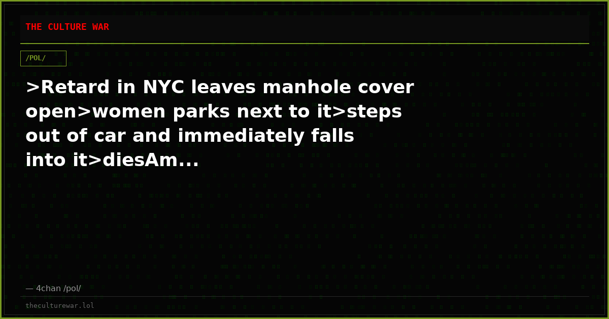 >Retard in NYC leaves manhole cover open>women parks next to it>steps out of car and immediately falls into it>diesAm...