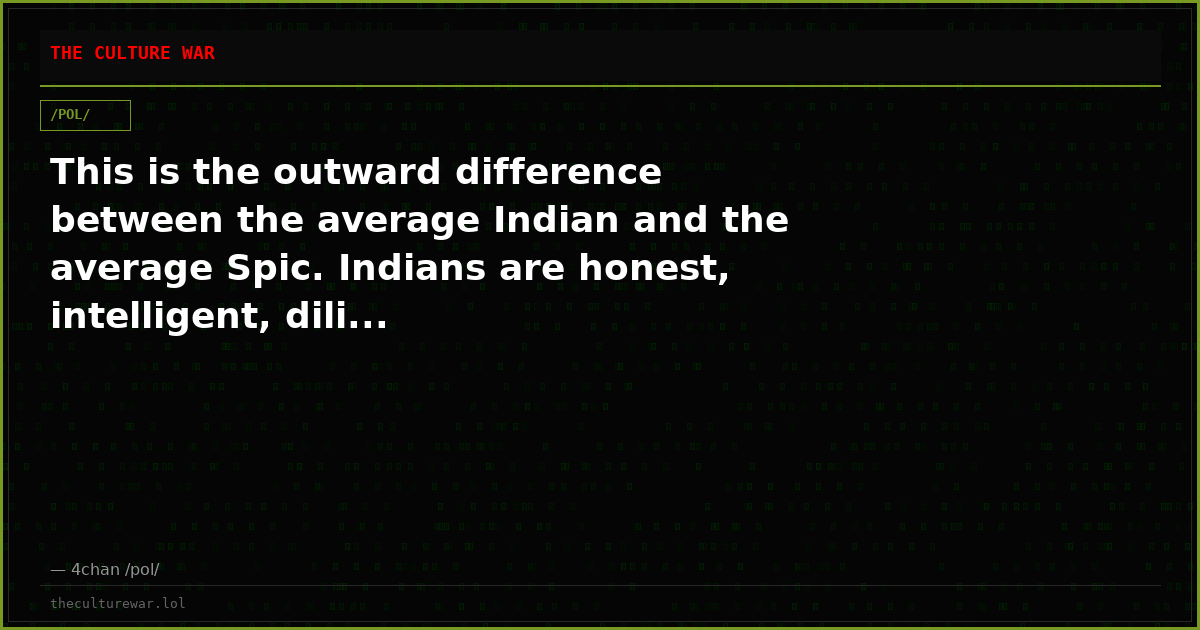 This is the outward difference between the average Indian and the average Spic. Indians are honest, intelligent, dili...