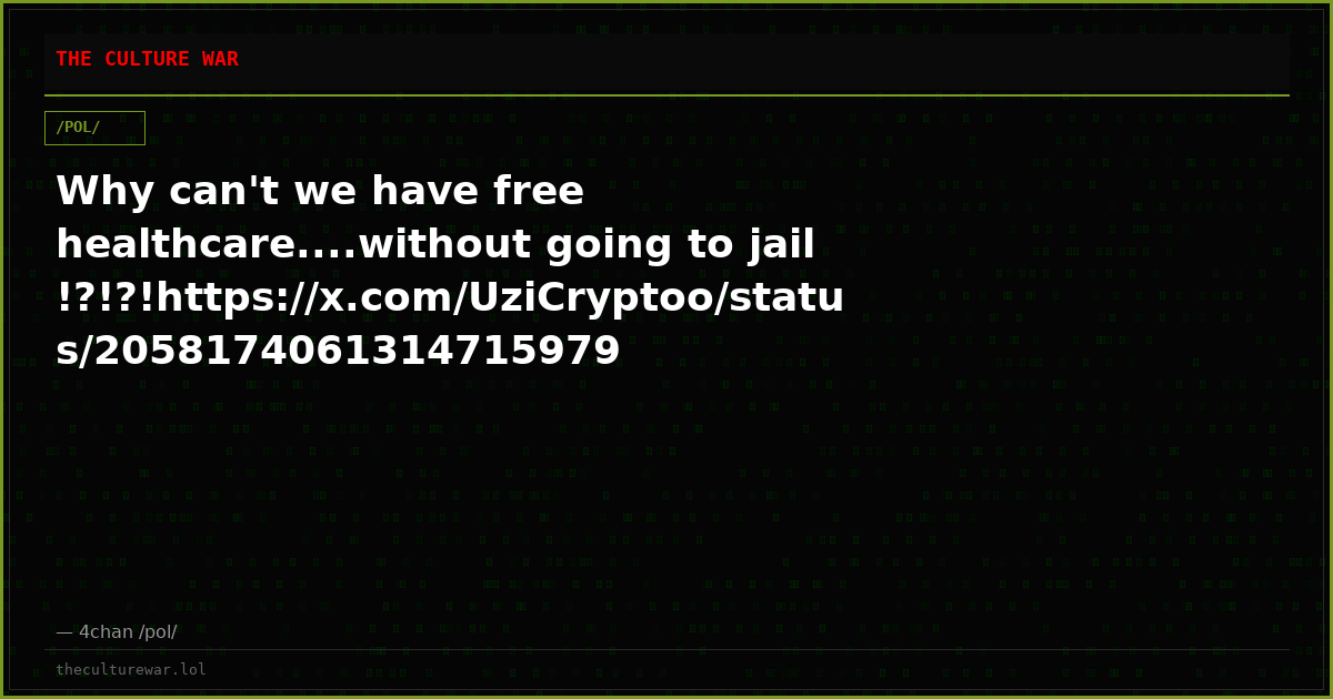 Why can't we have free healthcare....without going to jail!?!?!https://x.com/UziCryptoo/status/2058174061314715979