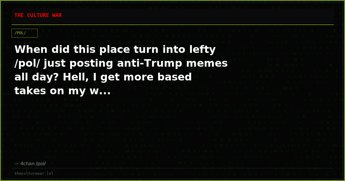 When did this place turn into lefty /pol/ just posting anti-Trump memes all day? Hell, I get more based takes on my w...