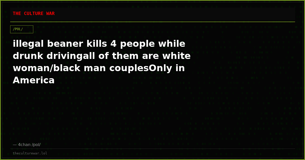 illegal beaner kills 4 people while drunk drivingall of them are white woman/black man couplesOnly in America