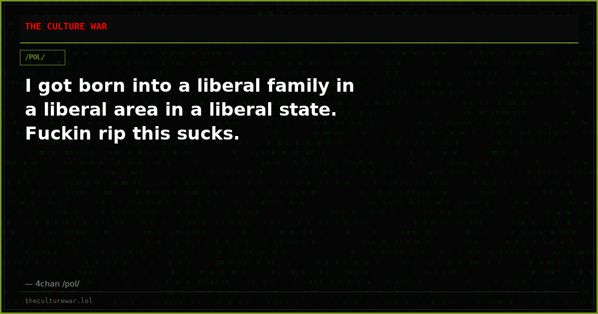 I got born into a liberal family in a liberal area in a liberal state. Fuckin rip this sucks.