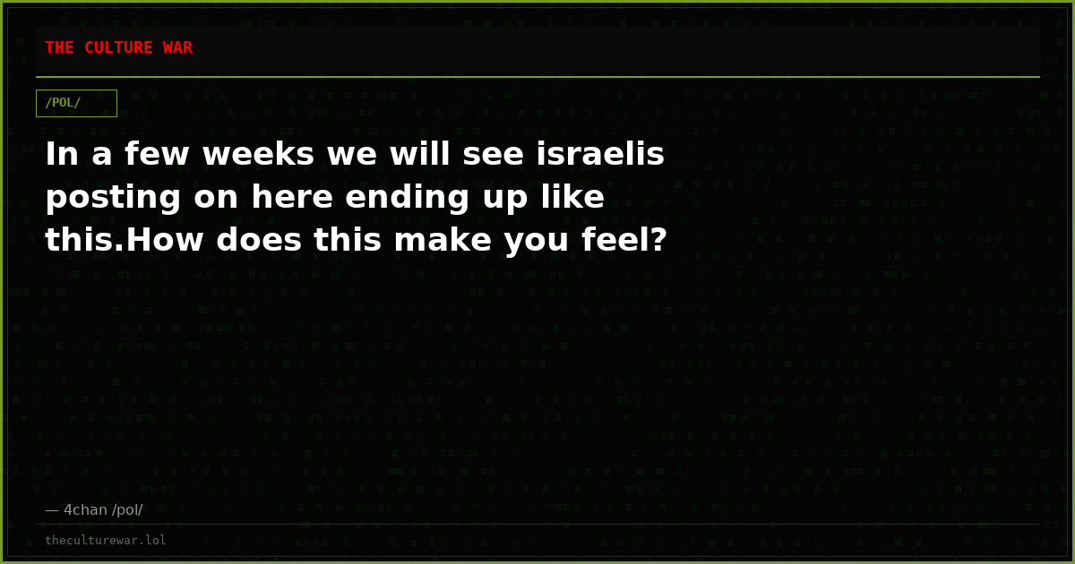 In a few weeks we will see israelis posting on here ending up like this.How does this make you feel?