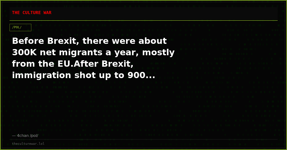 Before Brexit, there were about 300K net migrants a year, mostly from the EU.After Brexit, immigration shot up to 900...