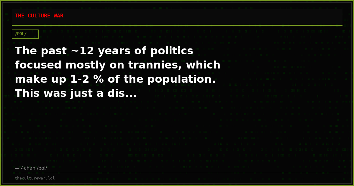 The past ~12 years of politics focused mostly on trannies, which make up 1-2 % of the population. This was just a dis...