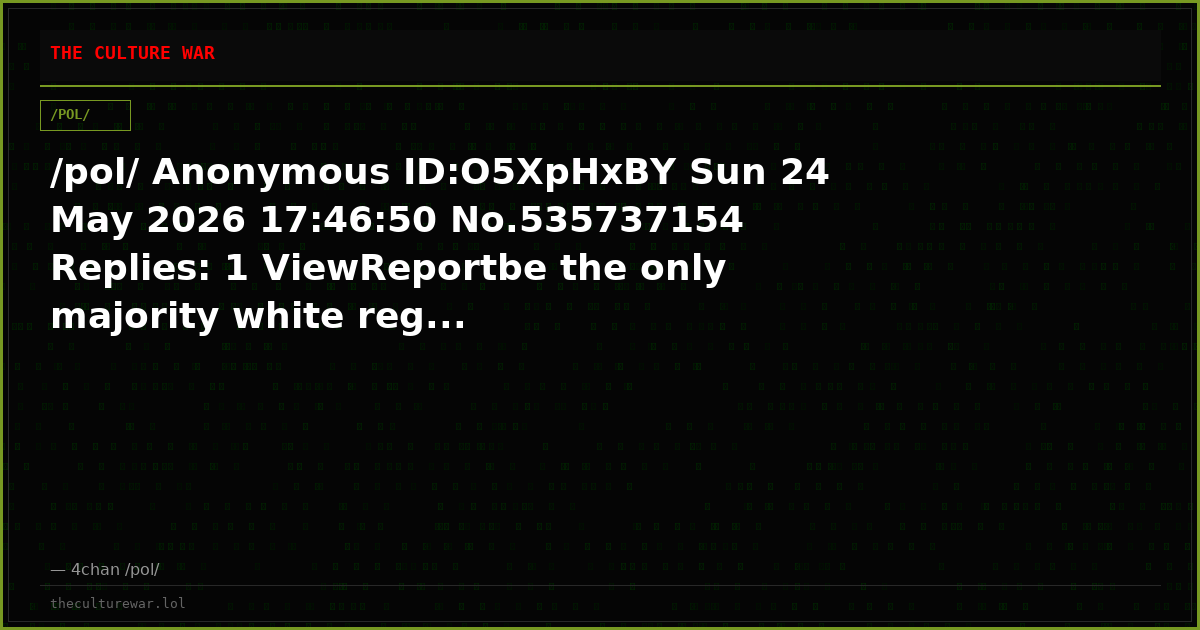 /pol/ Anonymous ID:O5XpHxBY Sun 24 May 2026 17:46:50 No.535737154 Replies: 1 ViewReportbe the only majority white reg...