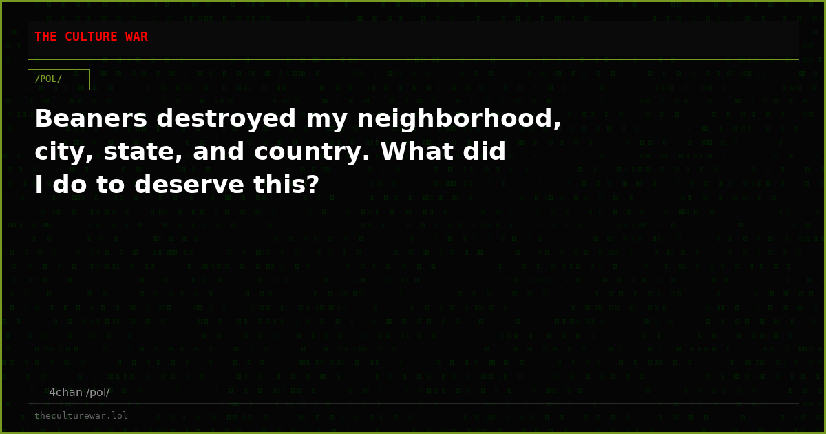 Beaners destroyed my neighborhood, city, state, and country. What did I do to deserve this?
