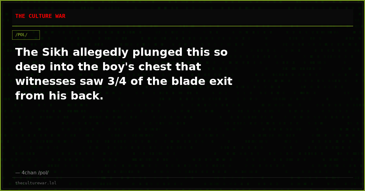 The Sikh allegedly plunged this so deep into the boy's chest that witnesses saw 3/4 of the blade exit from his back.
