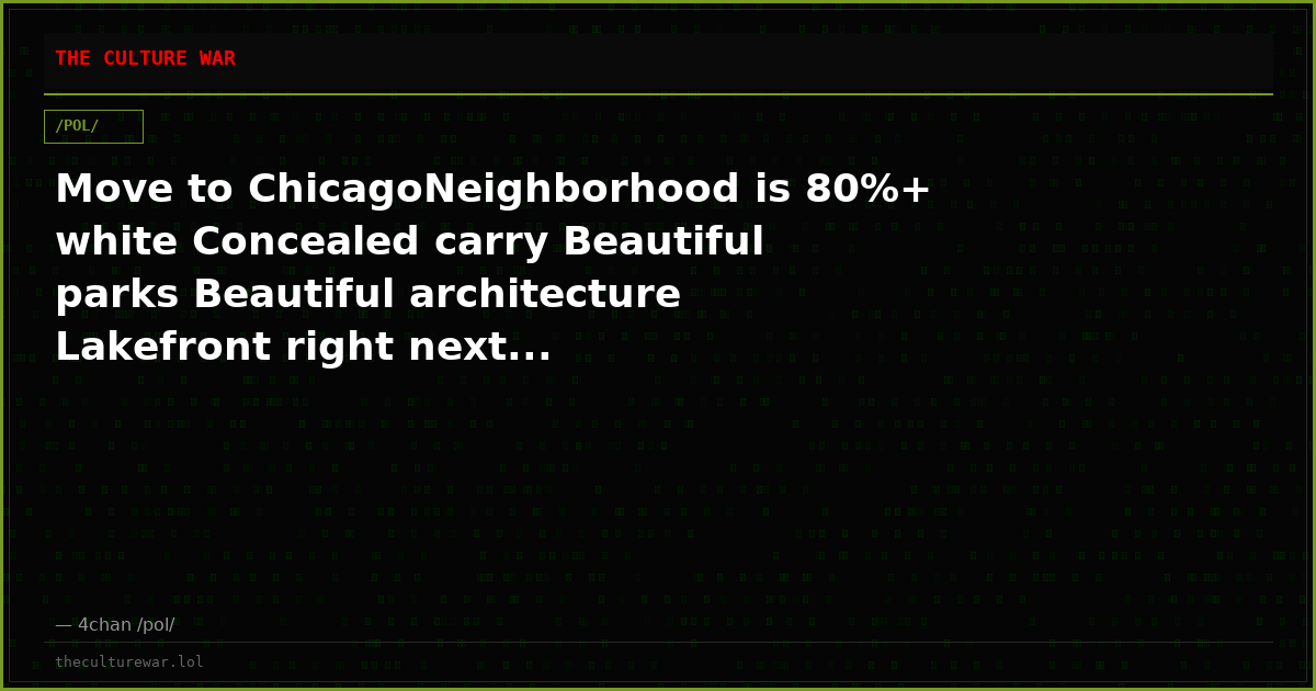 Move to ChicagoNeighborhood is 80%+ white Concealed carry Beautiful parks Beautiful architecture Lakefront right next...