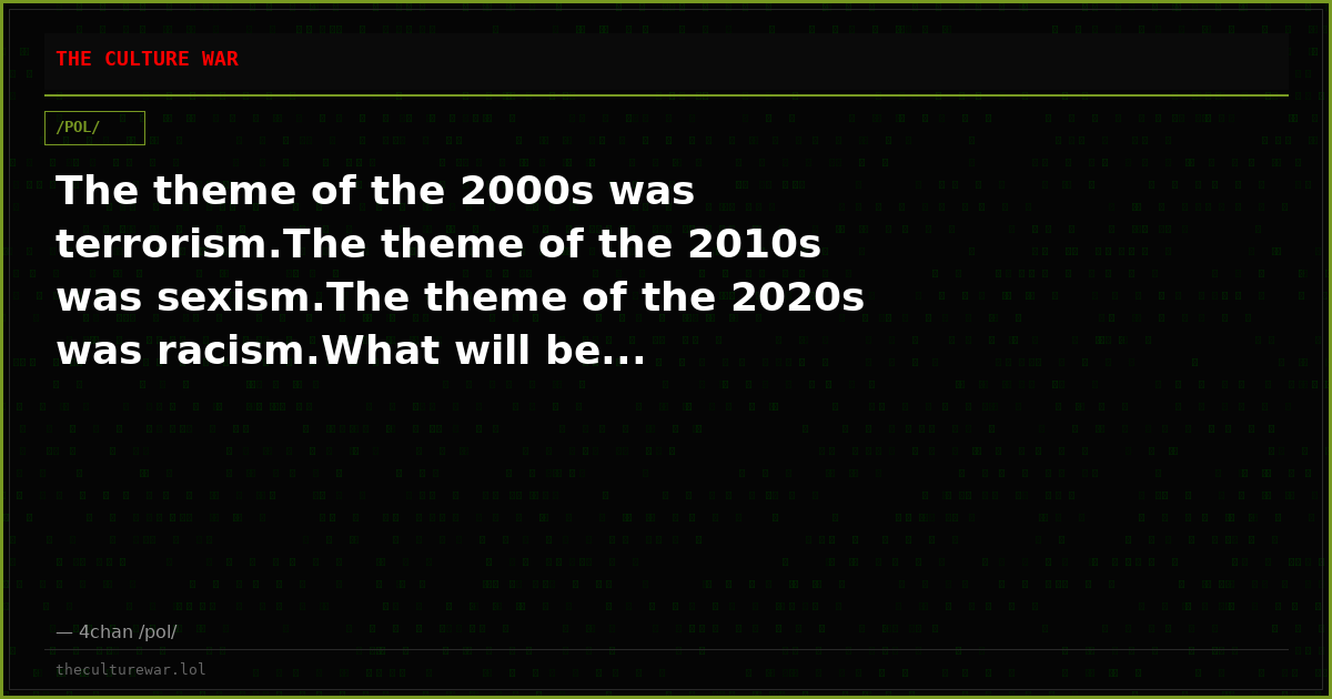 The theme of the 2000s was terrorism.The theme of the 2010s was sexism.The theme of the 2020s was racism.What will be...
