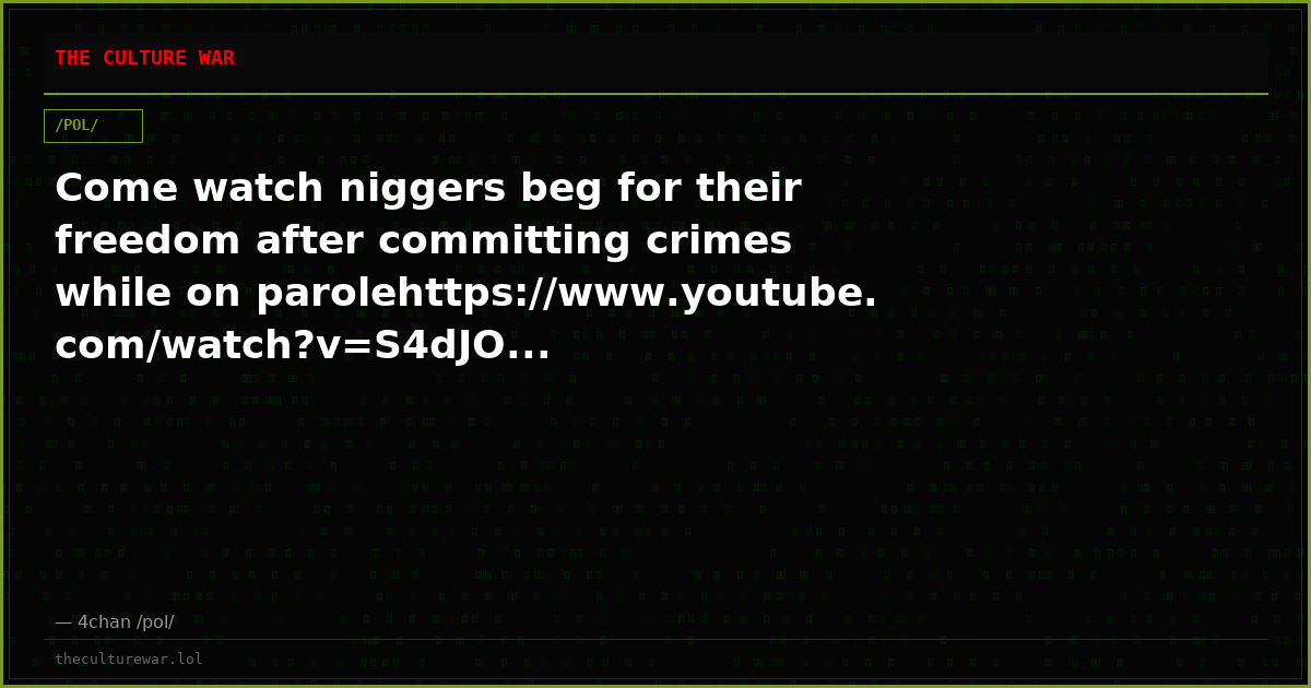 Come watch niggers beg for their freedom after committing crimes while on parolehttps://www.youtube.com/watch?v=S4dJO...