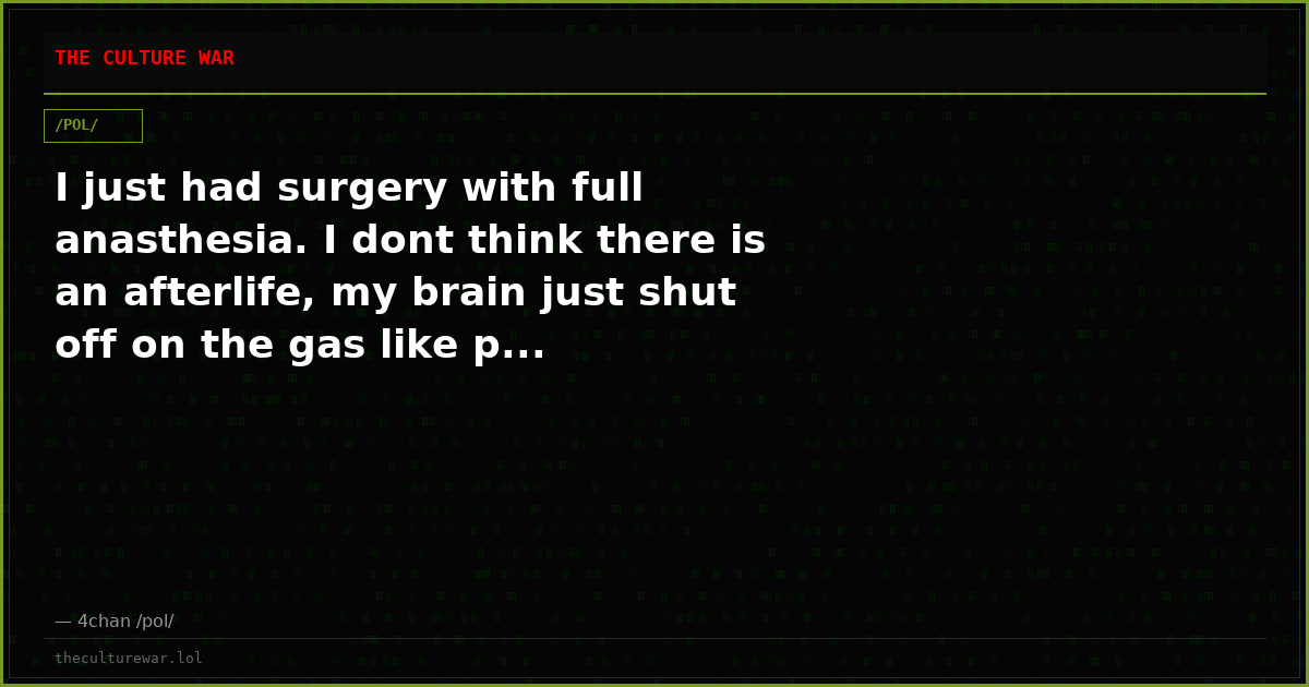 I just had surgery with full anasthesia. I dont think there is an afterlife, my brain just shut off on the gas like p...