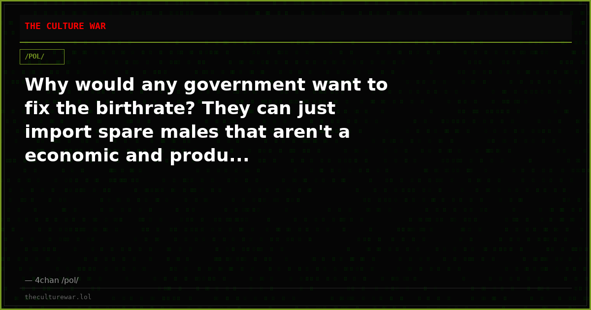 Why would any government want to fix the birthrate? They can just import spare males that aren't a economic and produ...