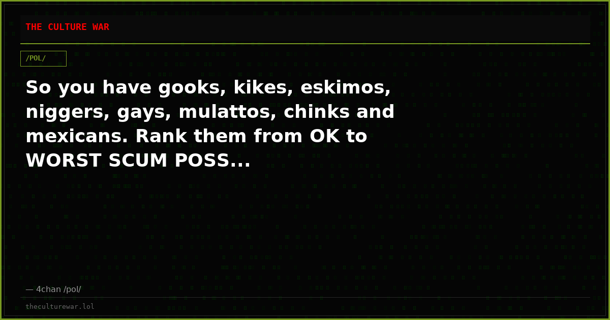 So you have gooks, kikes, eskimos, niggers, gays, mulattos, chinks and mexicans. Rank them from OK to WORST SCUM POSS...