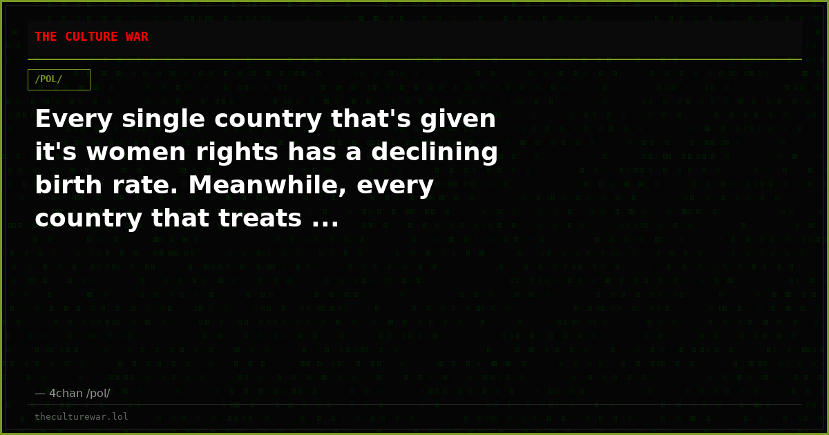 Every single country that's given it's women rights has a declining birth rate. Meanwhile, every country that treats ...