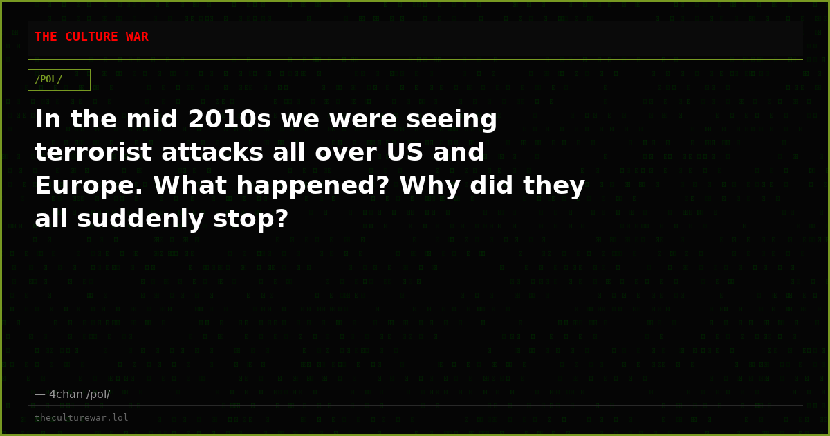 In the mid 2010s we were seeing terrorist attacks all over US and Europe. What happened? Why did they all suddenly stop?