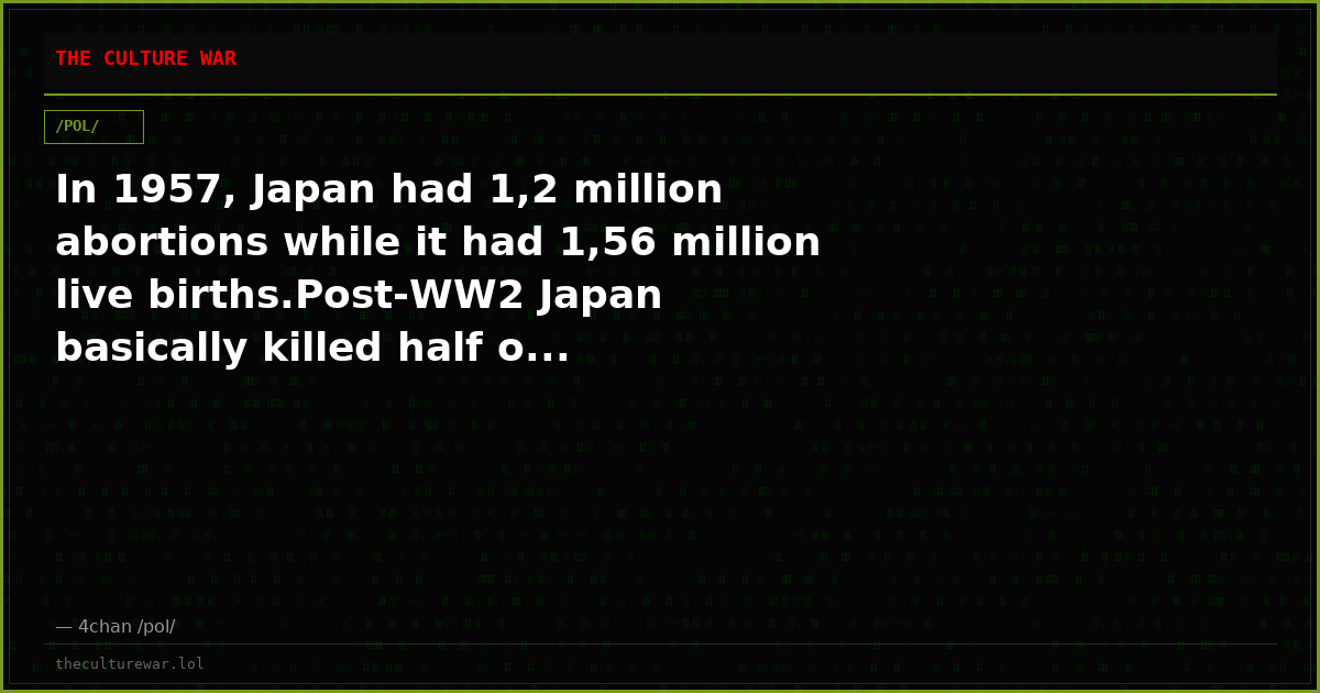In 1957, Japan had 1,2 million abortions while it had 1,56 million live births.Post-WW2 Japan basically killed half o...