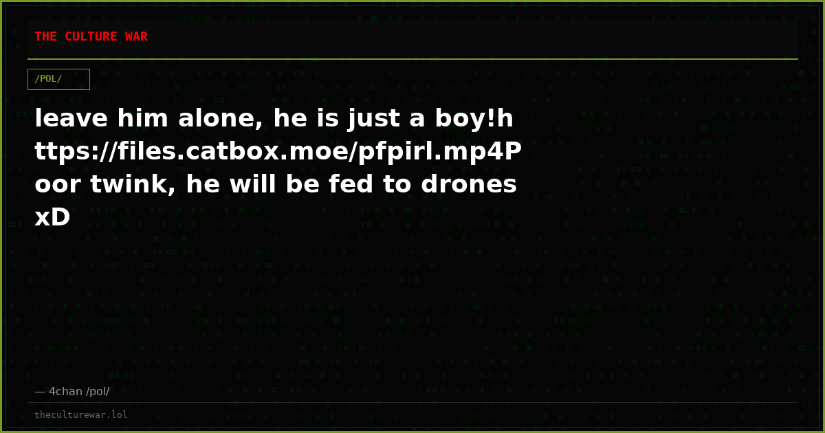leave him alone, he is just a boy!https://files.catbox.moe/pfpirl.mp4Poor twink, he will be fed to drones xD