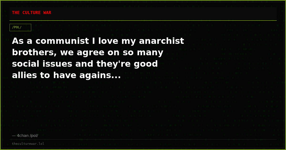 As a communist I love my anarchist brothers, we agree on so many social issues and they're good allies to have agains...