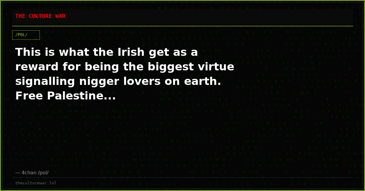 This is what the Irish get as a reward for being the biggest virtue signalling nigger lovers on earth. Free Palestine...