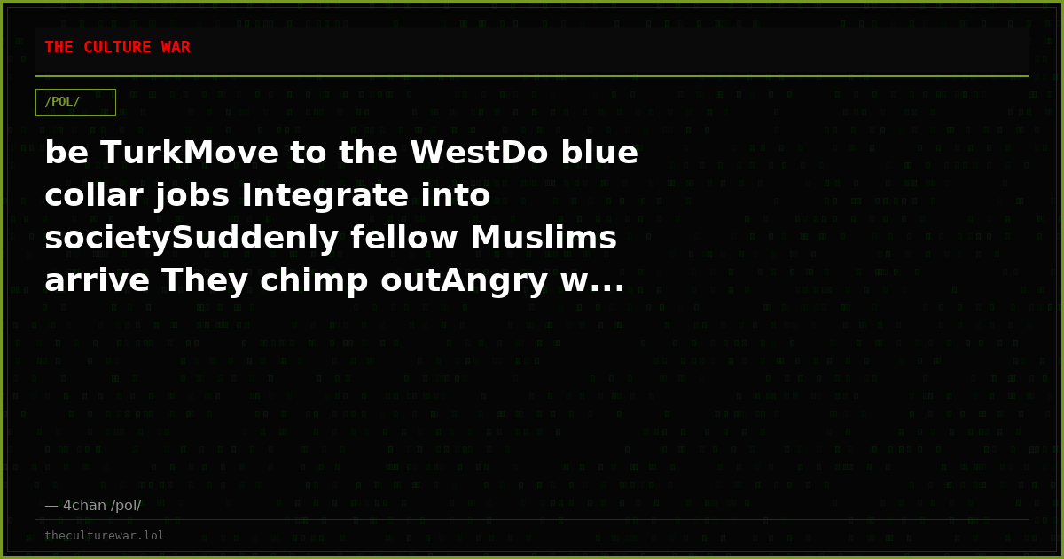 be TurkMove to the WestDo blue collar jobs Integrate into societySuddenly fellow Muslims arrive They chimp outAngry w...