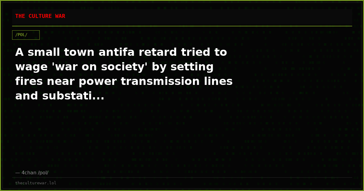 A small town antifa retard tried to wage 'war on society' by setting fires near power transmission lines and substati...